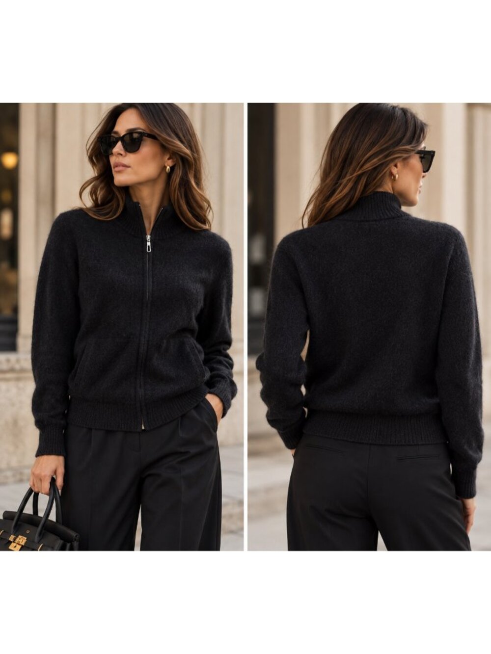Qi Cashmere 100% Cashmere Full Zip Cardigan Sweater Black Size M